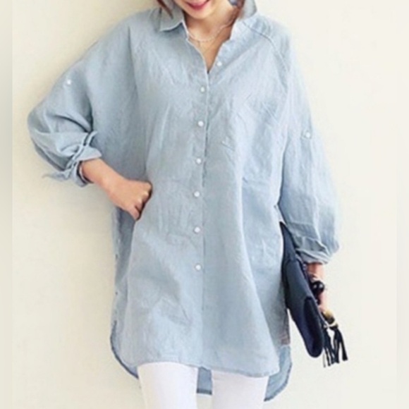 Tahari Blue & White Woven 100% Linen Collared Button Down Tunic Top Size L EUC - Picture 1 of 4
